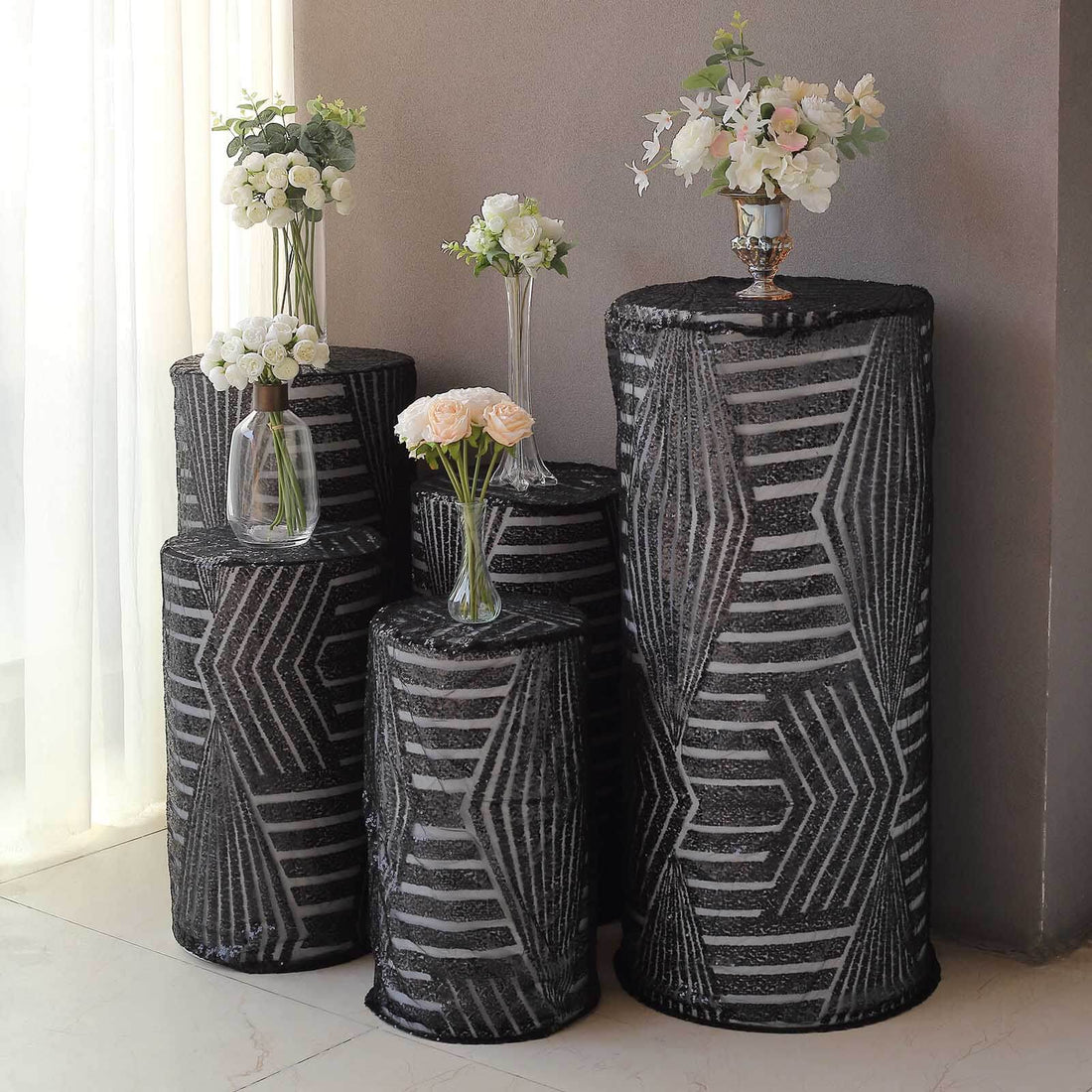 5 Black Sequin Mesh Cylinder Pillar Prop Covers | eFavormart