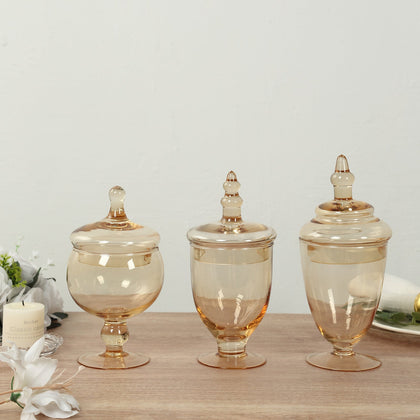 Set of 3 Amber Gold Glass Jars 8.5", 9", 10" Apothecary Design with Snap-On Lids - Decorative Footed Candy Buffet Containers