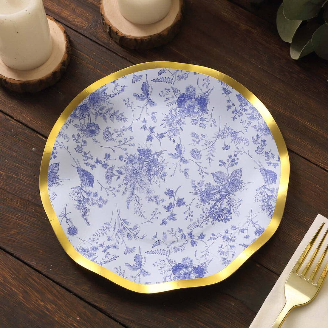 French Toile Dessert Plates White/Blue Gold Rim 8