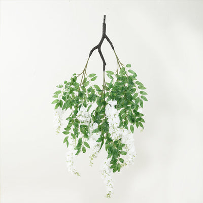 Artificial hanging wisteria plant with green leaves and white flowers