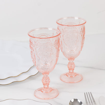 24-Pack Plastic Vintage Goblets – 10oz Transparent Blush Retro Embossed Wine Glasses, Elegant Water & Juice Cups - 7" Tall
