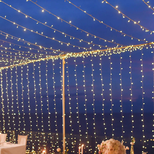 String lights elegantly draped for a festive outdoor event.