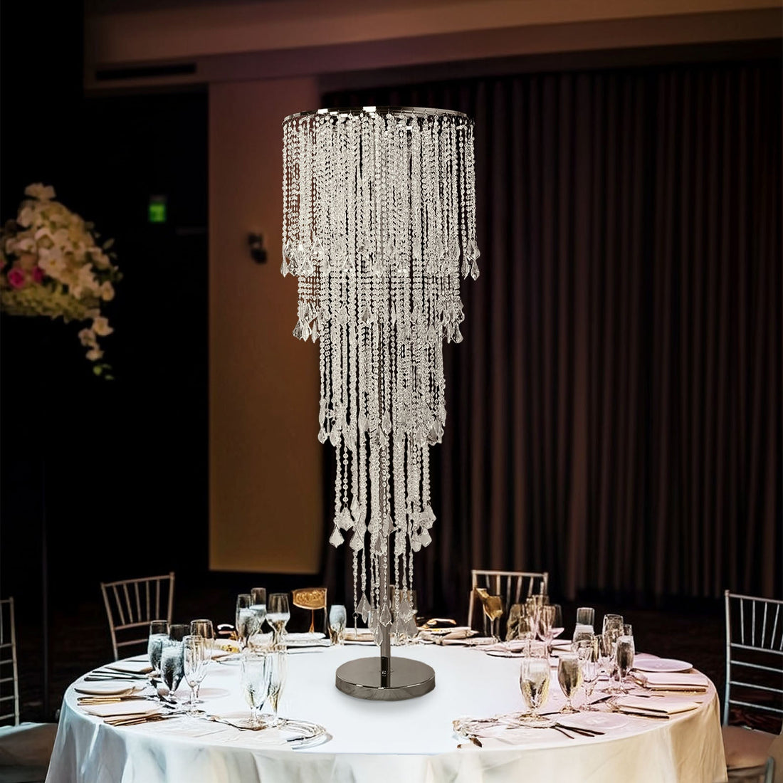 Elegant crystal chandelier centerpiece for event tables.