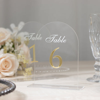 Wedding Table Numbers 1-10 – Clear Arch Acrylic with Gold Print & Stands for Elegant Receptions - 6"x7"