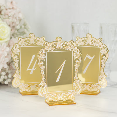 Wedding Table Numbers 1-10 – Gold Mirror Arch Acrylic with Baroque Lace Border, White Print & Stands for Elegant Receptions - 5"x7"
