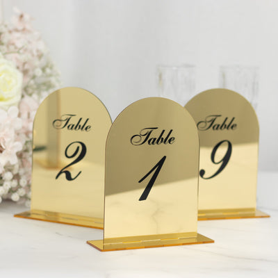 Wedding Table Numbers 1-10 – Gold Mirror Arch Acrylic with Black Print & Stands for Elegant Receptions - 6"x7"
