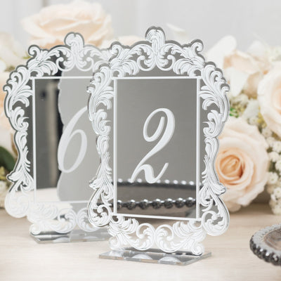 Wedding Table Numbers 1-10 – Silver Mirror Arch Acrylic with Baroque Lace Border, White Print & Stands for Elegant Receptions - 5"x7"