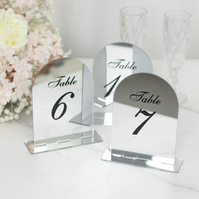 Wedding Table Numbers 1-10 – Silver Mirror Arch Acrylic with Black Print & Stands for Elegant Receptions - 6"x7"