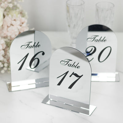 Wedding Table Numbers 11-20 – Silver Mirror Arch Acrylic with Black Print & Stands for Elegant Receptions - 6"x7"
