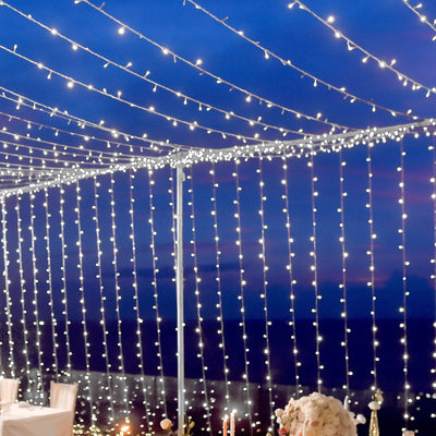 Cool White 600 LED Curtain String Lights with 8 Modes & Inline Memory Controller, Plug In Connectable Twinkle Fairy Lights - 10ft x 20ft