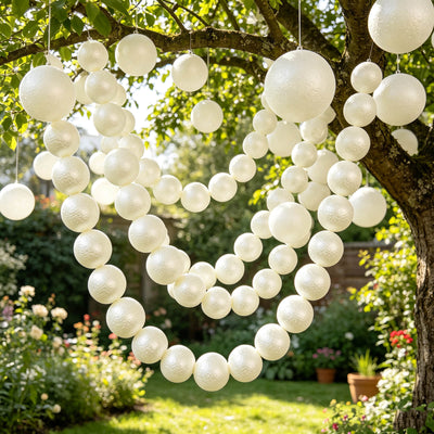 White balloon heart hanging from tree in a sunny garden celebration scene