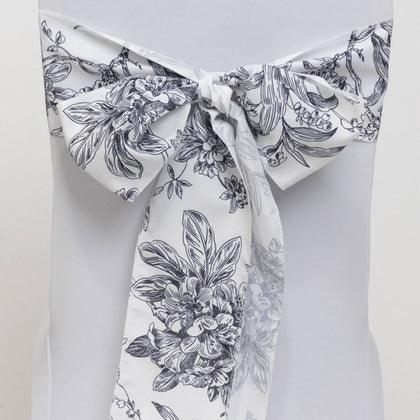Polyester Chair Sashes 6"x108" White Black French Toile Floral Design - Durable & Reusable Chair Bows