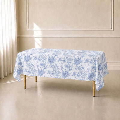 Polyester Rectangular Tablecloth 60"x102" White with Blue French Toile Pattern - Sophisticated Table Cover for Chic Weddings & Events