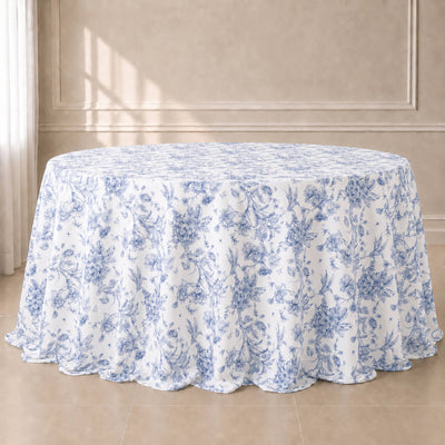 Polyester Round Tablecloth 132" White with Blue French Toile Pattern - Sophisticated Table Cover for Chic Weddings & Events