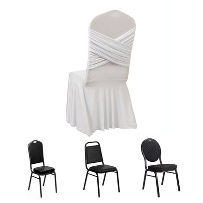 Spandex Banquet Chair Cover with Ruffle Pleated Skirt Cross Back Sash – White Stretch Fitted Slipcover for Weddings & Events