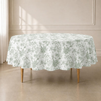 Polyester Round Tablecloth 90" White with Dusty Sage Green French Toile Pattern - Sophisticated Table Cover for Chic Weddings & Events