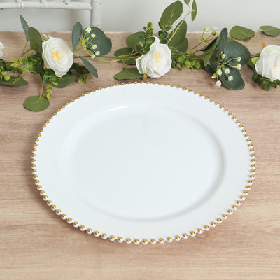 10-Pack Economy Plastic Charger Plates 13" Round White with Gold Beaded Rim - Stylish Dinner Party Serving Plates
