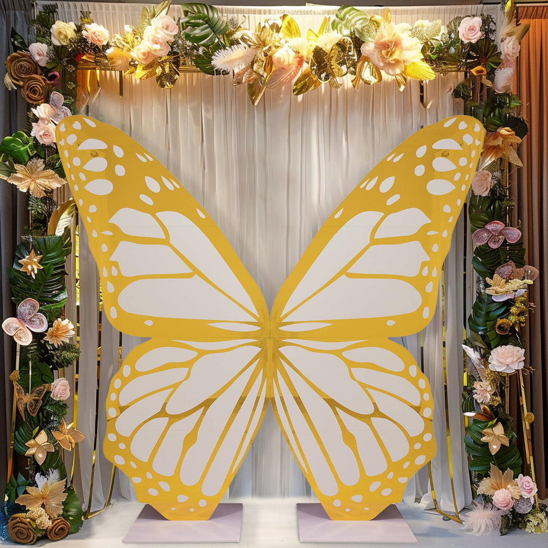Yellow butterfly cutout against floral backdrop for events and celebrations.