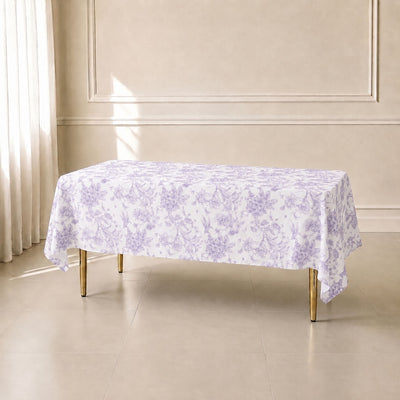 Polyester Rectangular Tablecloth 60"x102" White with Lavender Lilac French Toile Pattern - Sophisticated Table Cover for Chic Weddings & Events