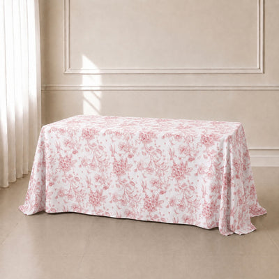 Polyester Rectangular Tablecloth 90"x132" White with Pink French Toile Pattern - Sophisticated Seamless Table Cover for Chic Weddings & Events