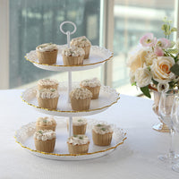 15" White 3-Tier Plastic Cupcake Tray Tower With Gold Scalloped Edges, Reusable Round Dessert Stand With Lace Cut Rim