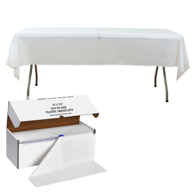 Plastic Table Cover Roll 54"x300ft White with Slide Cutter - Cuts Up to 36 Rectangle 8ft Disposable Tablecloths