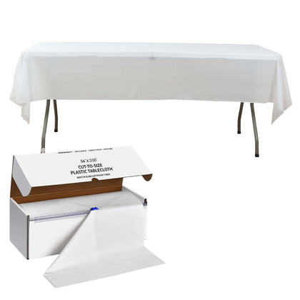 Plastic Table Cover Roll 54"x300ft White with Slide Cutter - Cuts Up to 36 Rectangle 8ft Disposable Tablecloths