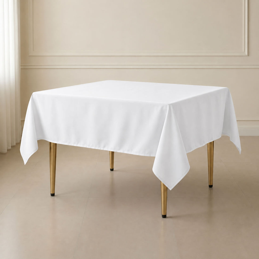 White wrinkle-resistant table overlay for weddings and events.