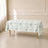 White tablecloth with dusty sage green French toile pattern.