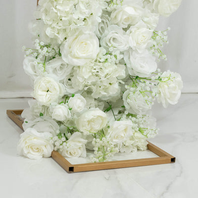 White roses and hydrangeas floral arrangement on gold square base