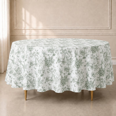 Polyester Round Tablecloth 108" White with Dusty Sage Green French Toile Pattern - Sophisticated Table Cover for Chic Weddings & Events