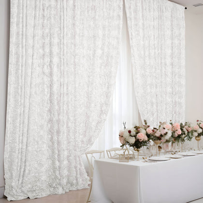 White Satin Rosette Backdrop Drape Curtain, Photo Booth Event Divider Panel - 8ftx8ft