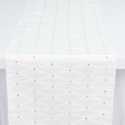White Jacquard Table Runner 12"x108" - Diamond Trellis with Gold Accent Dots