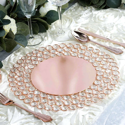 Wired Metal Charger Plate 14" Round Rose Gold with Acrylic Crystal Beads - Decorative Dinner Charger Tableware