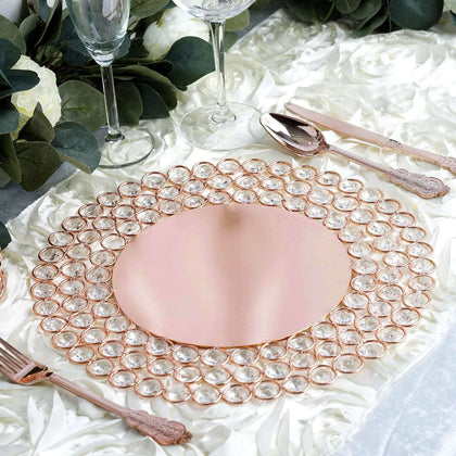 Wired Metal Charger Plate 14" Round Rose Gold with Acrylic Crystal Beads - Decorative Dinner Charger Tableware