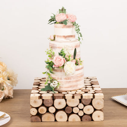 Wooden Cake Stand Square Design 14"x14" Natural Rustic Slices - Farmhouse Display Riser with Hollow Bottom