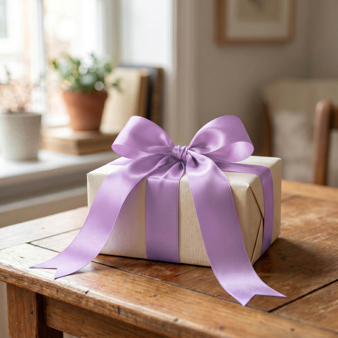 Wrapped gift box with lavender ribbon on a wooden table