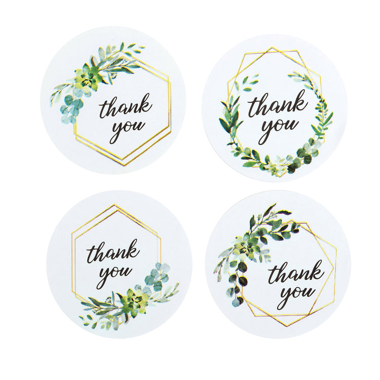500 Pieces Round Thank You Gold & Green Leaf Frame Design Stickers Roll 1.5 Inch