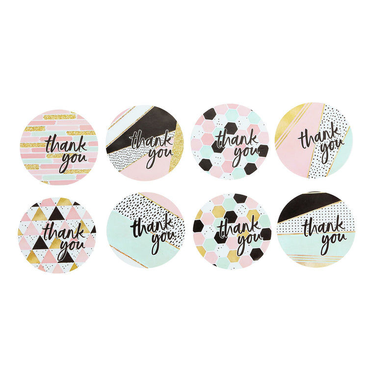 500 Pieces Round Thank You Black White Gold Pink Assorted Geometric Design Glam Stickers Roll 1.5 Inch