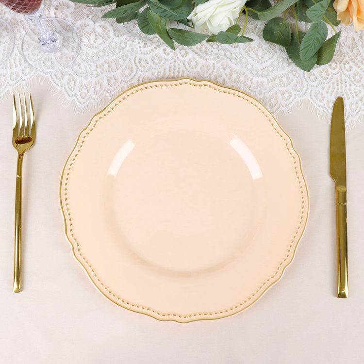 10 Pack Nude Plastic Dinner Plates With Gold Scalloped Rim