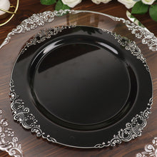 10 Inch Round Baroque Style Vintage Black and Silver Leaf Embossed Disposable Plastic Plates 10 Pack
