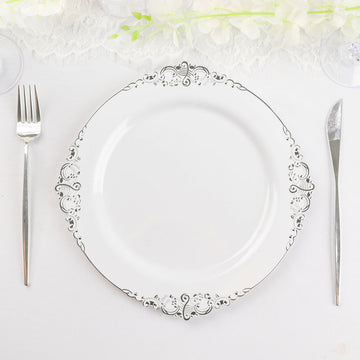 10 Pack | 10" Round Plastic Dinner Plates in Vintage White, Silver Leaf Embossed Baroque Disposable Plates