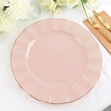 10 Pack 11" Blush Plastic Party Plates With Gold Ruffled Rim, Round Disposable Dinner Plates