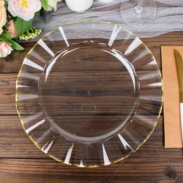 10 Pack | 11" Clear Plastic Party Plates With Gold Ruffled Rim, Round Disposable Dinner Plates