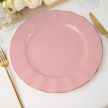 10 Pack Dusty Rose Plastic Party Plates With Gold Ruffled Rim, Round Disposable Dinner Plates 11"