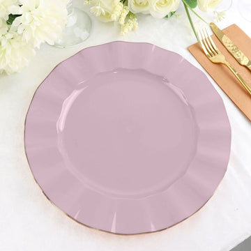 10 Pack Lavender Lilac Plastic Party Plates With Gold Ruffled Rim, Round Disposable Dinner Plates 11"