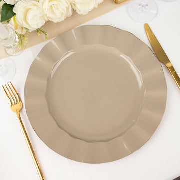 10 Pack Taupe Plastic Party Plates With Gold Ruffled Rim, Round Disposable Dinner Plates 11"