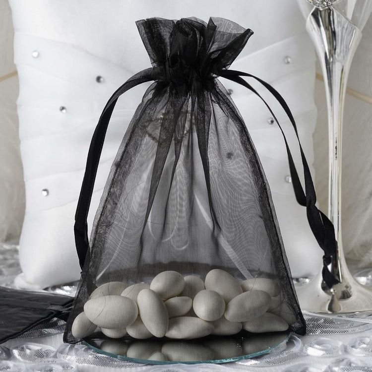 10 Pack | 5x7inch Black Organza Drawstring Wedding Party Favor Gift Bags