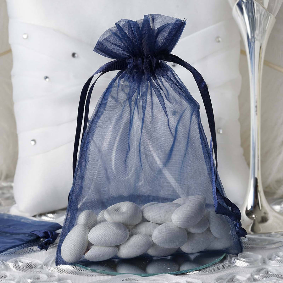 10 Pack | 5x7inch Navy Blue Organza Drawstring Wedding Party Favor Gift Bags