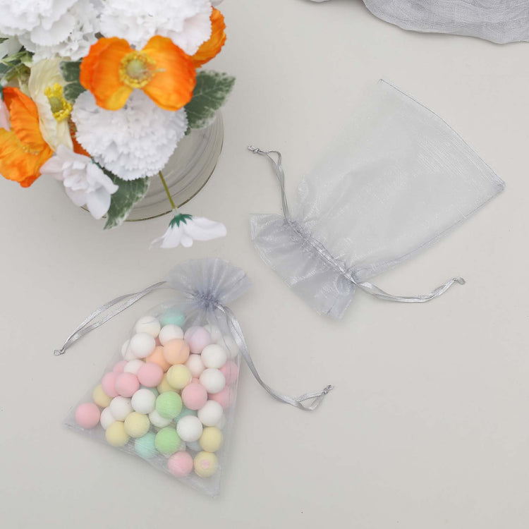 10 Pack | 5x7inch Silver Organza Drawstring Wedding Party Favor Gift Bags